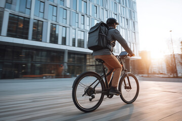 Employee rides electric bicycle while carrying laptop near office building during sunset