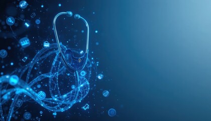 Medical technology and stethoscope with digital icons in healthcare setting Generative AI