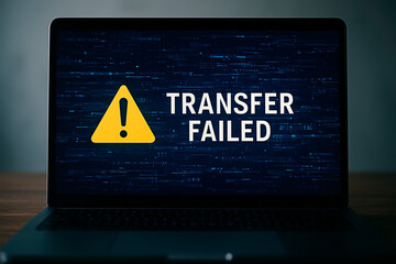 Laptop displaying TRANSFER FAILED message for the concept of technology and data transfer issue.
