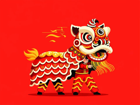 A vibrant Flat Design Ilustration Vector of a lion dance performer in traditional costume against a solid red background.
