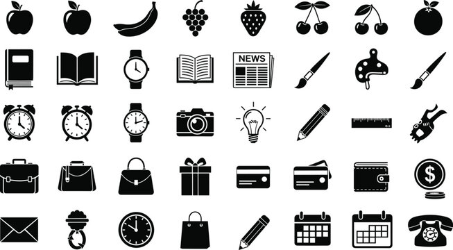 Everyday objects silhouette icon set featuring food, office supplies, time, finance, shopping, media, and lifestyle symbols