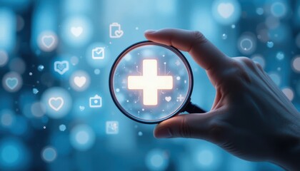 Hand holding magnifying glass over glowing cross symbol with icons in background Generative AI