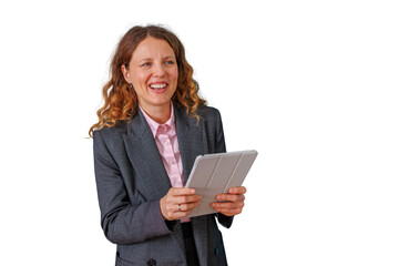 Fototapeta premium Businesswoman laughing, holding tablet, using digital technology for communication, standing on transparent background