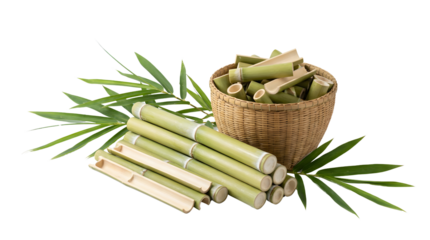 bamboo sticks in a woven basket, surrounded by green bamboo leaves, on a plain white background