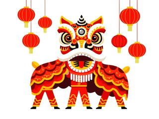 A vibrant Flat Design illustration of a lion dance character in red and yellow hues, surrounded by hanging red lanterns, in a Vector graphic against a clean white background. © denigraphic