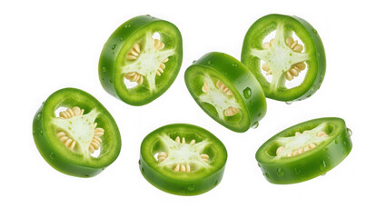 Six slices of fresh green jalapeno pepper isolated on transparent background