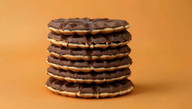 Cinematic 4K footage of stacked waffles rotating on an orange background highlighting texture color contrast sweet food presentation culinary lifestyle stock 