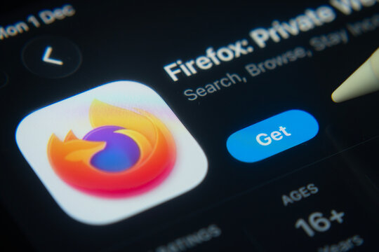 Dhaka, Bangladesh- 01 Dec 2025: A close-up of the Firefox app icon in the App Store on an iPad screen.
