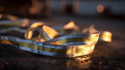 Obraz premium A close up of a woven industrial strap with yellow and white reflective stripes softly lit at dawn on a textured surface