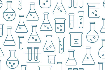 Seamless pattern of laboratory glassware outlines on a muted blue background