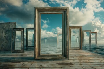 Surreal mirrors reflecting sky and ocean on a brick pathway