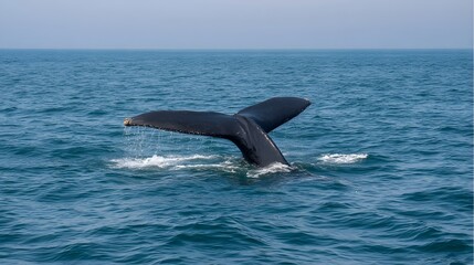 Obraz premium Majestic humpback whale tail fluke dramatically descends into the deep blue ocean waters creating a tranquil yet powerful scene
