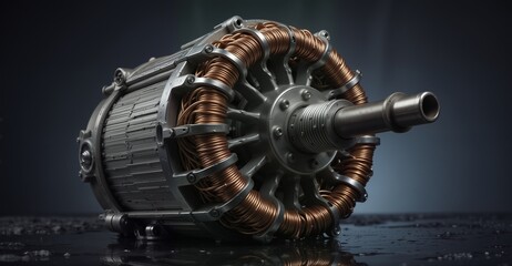 electric motor with exposed copper windings on a dark reflective surface, showcasing innovative technology and engineering.