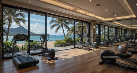 luxurious hotel gym with ocean view and cardio equipment for wellness and fitness tourism.