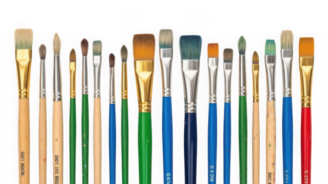 Assortment of various paint brushes with wooden handles and different colored bristles isolated on transparent background - Powered by Adobe
