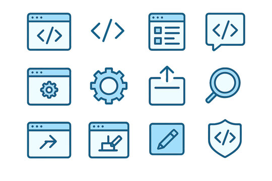 Set of 12 blue coding and web development icons on a dark background