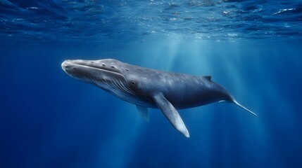 Fototapeta premium Majestic whale swimming gracefully in the clear blue ocean depths illuminated by sunbeams