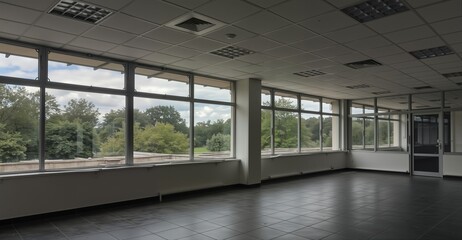 bright empty office space with large windows overlooking lush greenery and a cloudy sky.
