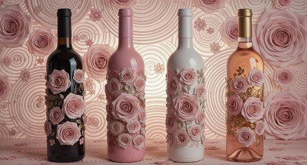 elegant wine bottles adorned with delicate pink roses against a floral background, perfect for romantic occasions and product displays.