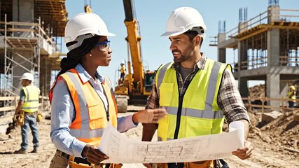 Two construction workers, a man and a woman, reviewing blueprints on a building site, discussing plans and progress. - Powered by Adobe