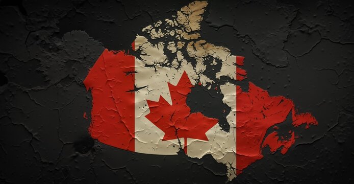 distressed canadian flag map with cracked texture on dark concrete wall background.