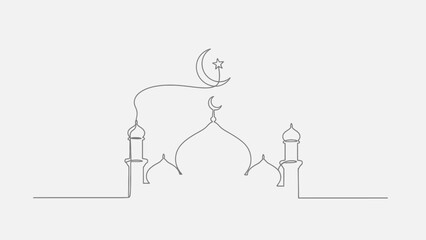 Minimalist Mosque Dome and Minaret with Crescent Moon and Star - Continuous Line Art