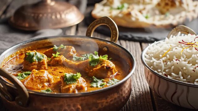 Delicious food displayed in bowls with rice and flatbread