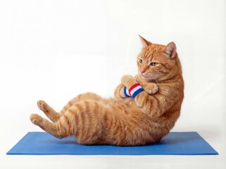 Funny Ginger Cat Doing Home Workout and Strength Training on White Background