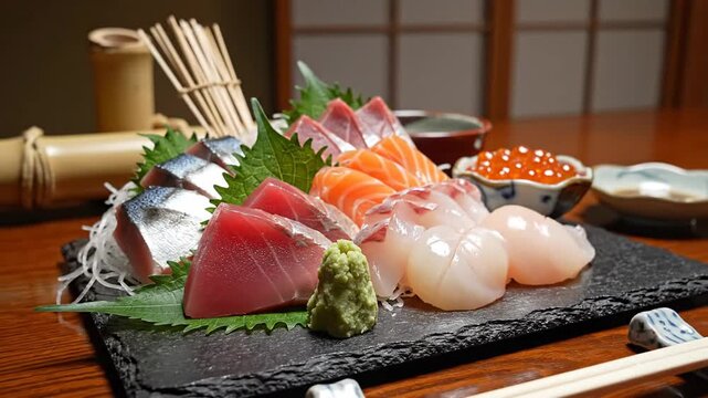 Freshly prepared seafood sashimi platter close up culinary display