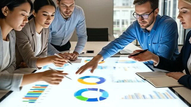 Diverse business team collaborating on a glowing interactive table with data visualizations and charts, analyzing financial reports and marketing strategies in a modern office meeting.