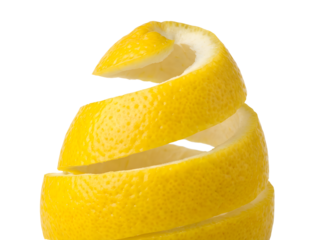 a spiral-cut lemon slice with a white inner rind against a stark white background, 