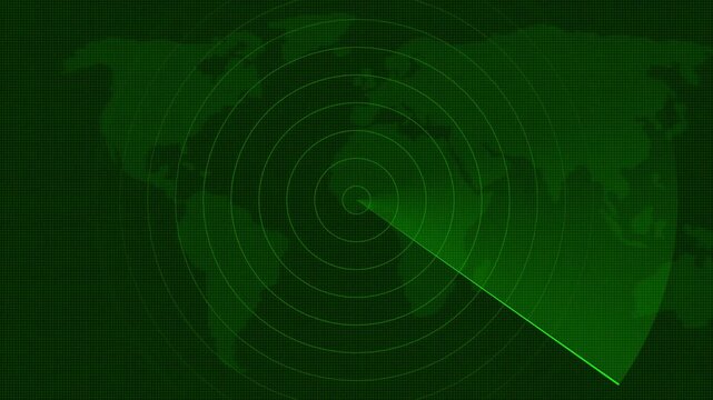 Green radar screen with spinning sweep against a dark digital circuit board background grid, tracking system concept, surveillance, cyber security, technology, Motion graphics of radar concept.