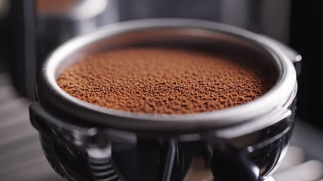 Freshly Tamped Coffee Grounds in a Metal Portafilter