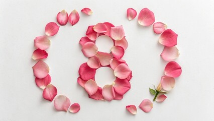 Pink rose petals forming the number eight on white background