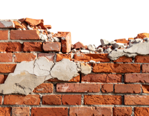 Brick wall damaged red masonry with gray plaster and rubble isolated on transparent background