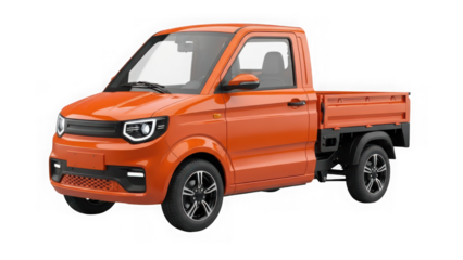 Small orange electric pickup truck utility vehicle isolated on transparent background