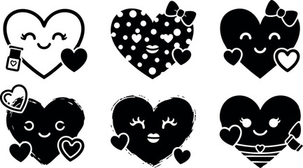 Cute black heart icons with smiling faces and small hearts in vector style for love and friendship designs