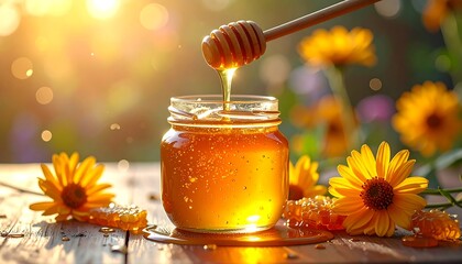 Honey pouring from a wooden drizzler into a jar, surrounded by flowers