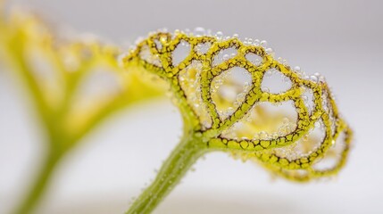 Macro of leaf skeleton with dew drops and water bubbles on white background
