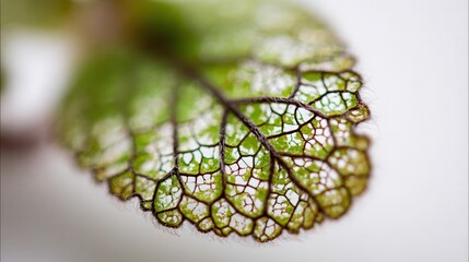 Macro shot of intricate leaf skeleton and veins on white background