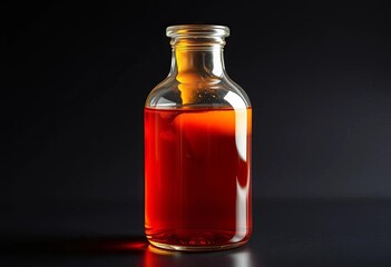 Amber liquid in clear glass bottle, dark background, photography, unbranded