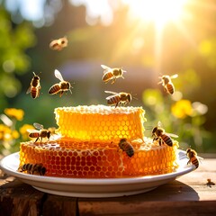Honeycomb cake surrounded by flying bees in warm sunlight