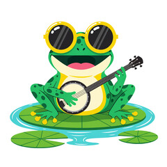 Obraz premium Cute Cartoon Frog Playing Banjo on Lily Pad Vector Illustration