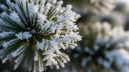 Frost covered pine needle in close-up. Winter nature scene with intricate ice crystals on evergreen branch for cold weather concept.