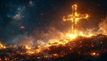 A luminous cross glows, emanating light against a dark, celestial backdrop with swirling fiery elements
