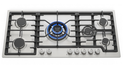 Stainless steel gas cooktop with five burners and one lit blue flame isolated on transparent background