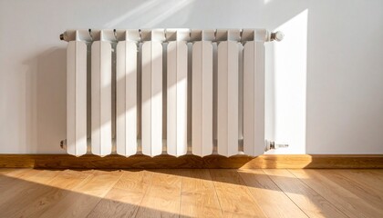 White radiator with vertical columns on light wall, sunlit wooden floor and soft cozy shadows.