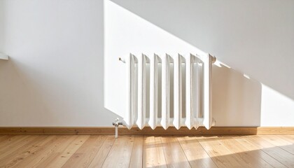 White radiator with vertical columns on light wall, sunlit wooden floor and soft cozy shadows.