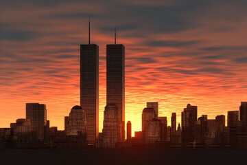 Fototapeta premium City skyline silhouette at sunset with tall towers and vibrant sky