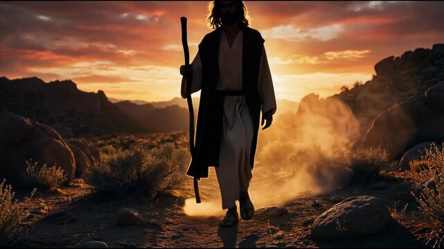 Jesus walks through a desert landscape with a staff at sunset